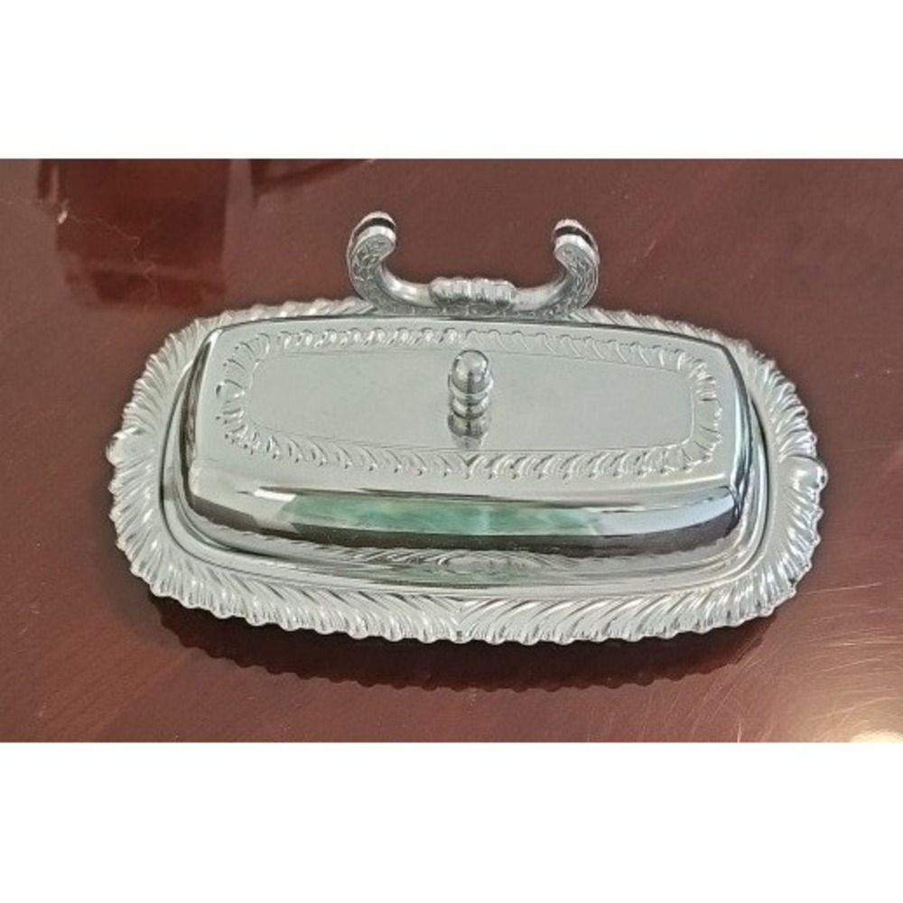 Vintage Irvinware Chrome Plated Butter Dish Embossed Scroll Tray and Lid